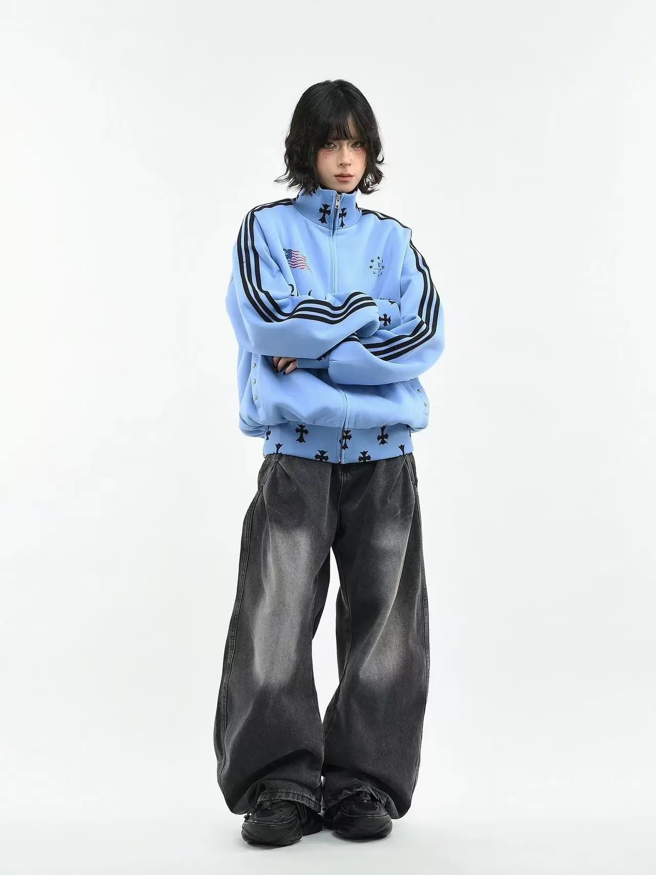 ヴィンテージ風 3ライン スタンドカラー ジップパーカー