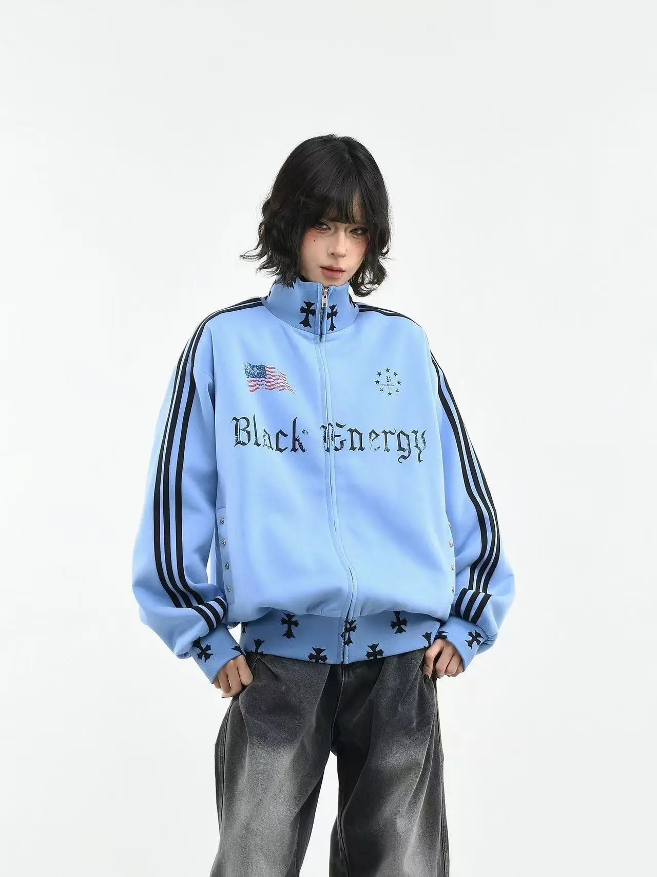 ヴィンテージ風 3ライン スタンドカラー ジップパーカー