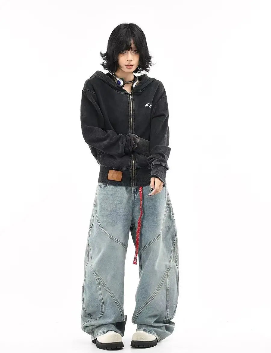 ウォッシュ加工 ショート丈 ジップパーカー