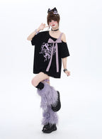 蝶結付き片肩オープンルーズTシャツ