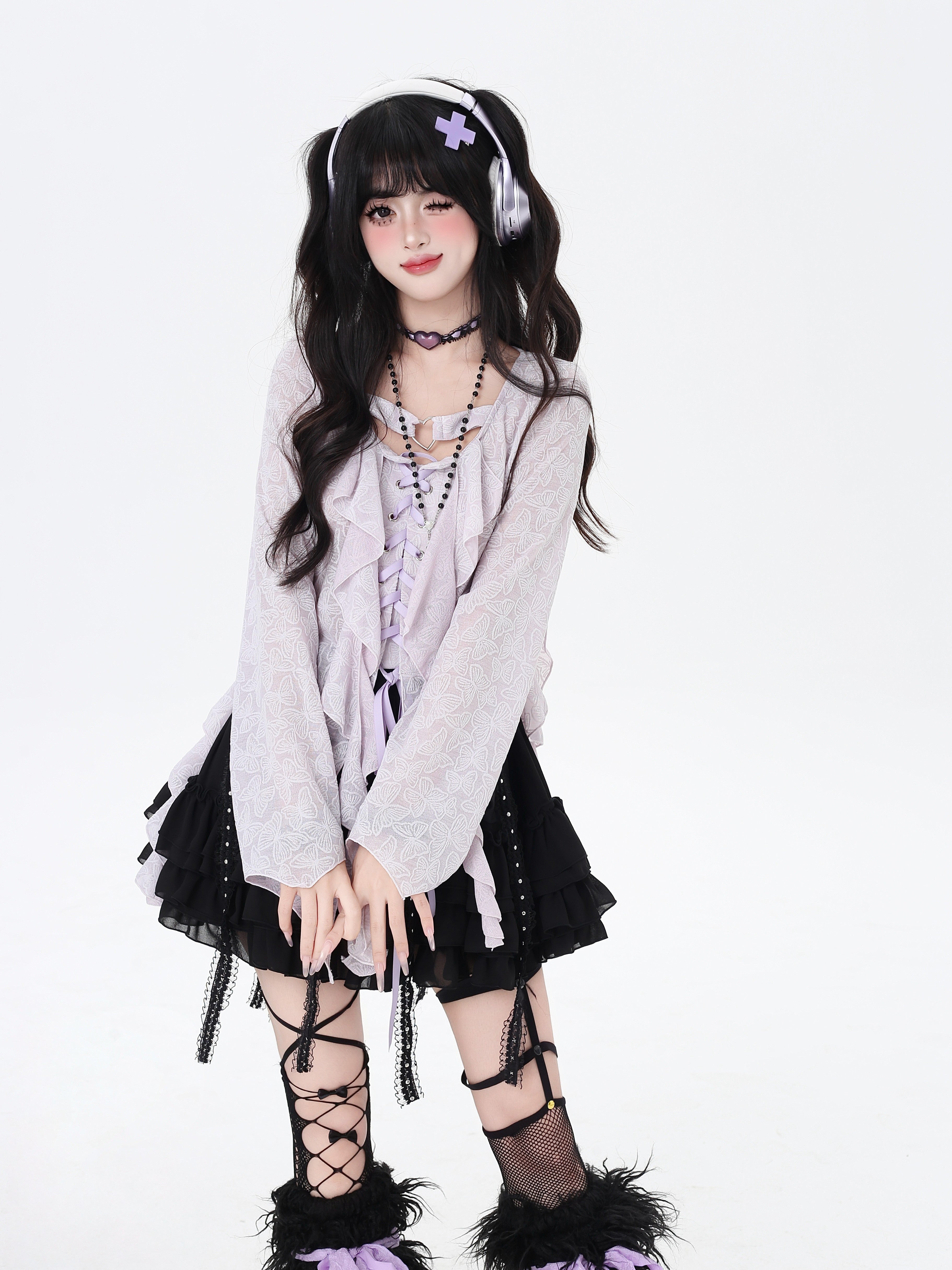 フリルレースアップ長袖トップス