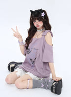 リボン付き両肩カットアウトTシャツ