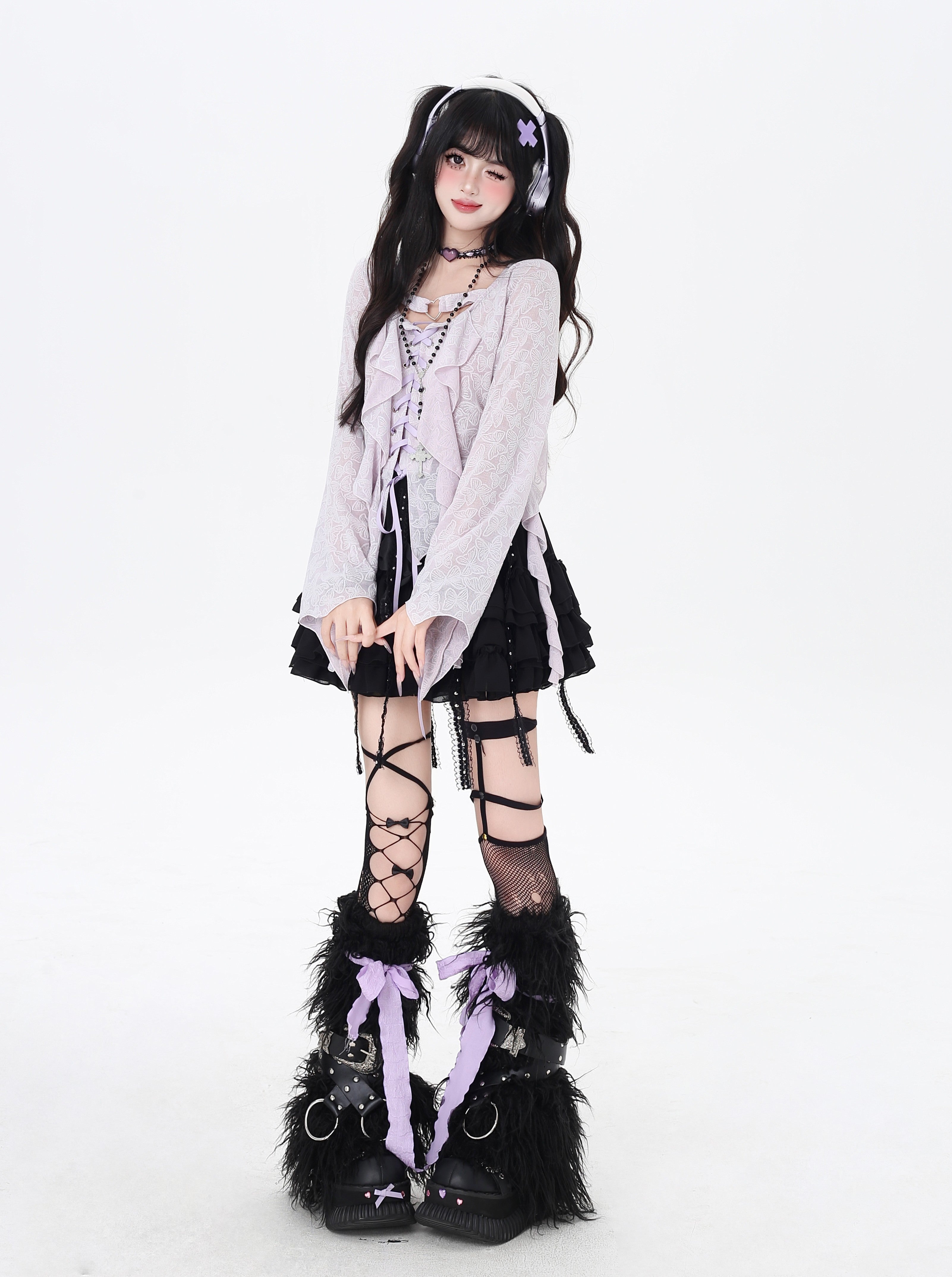 フリルレースアップ長袖トップス