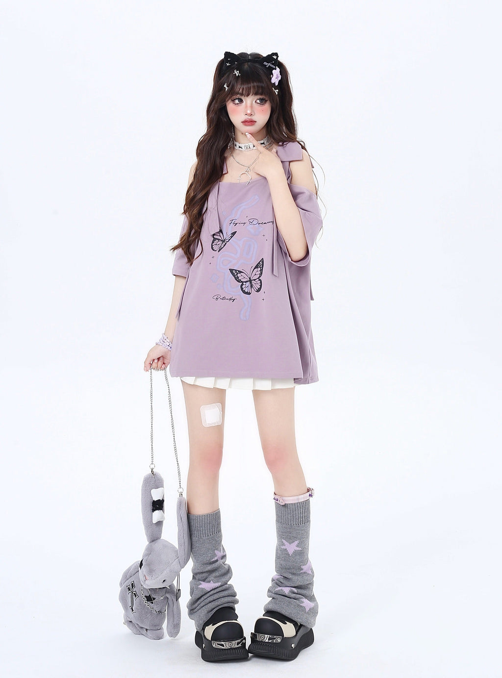 リボン付き両肩カットアウトTシャツ