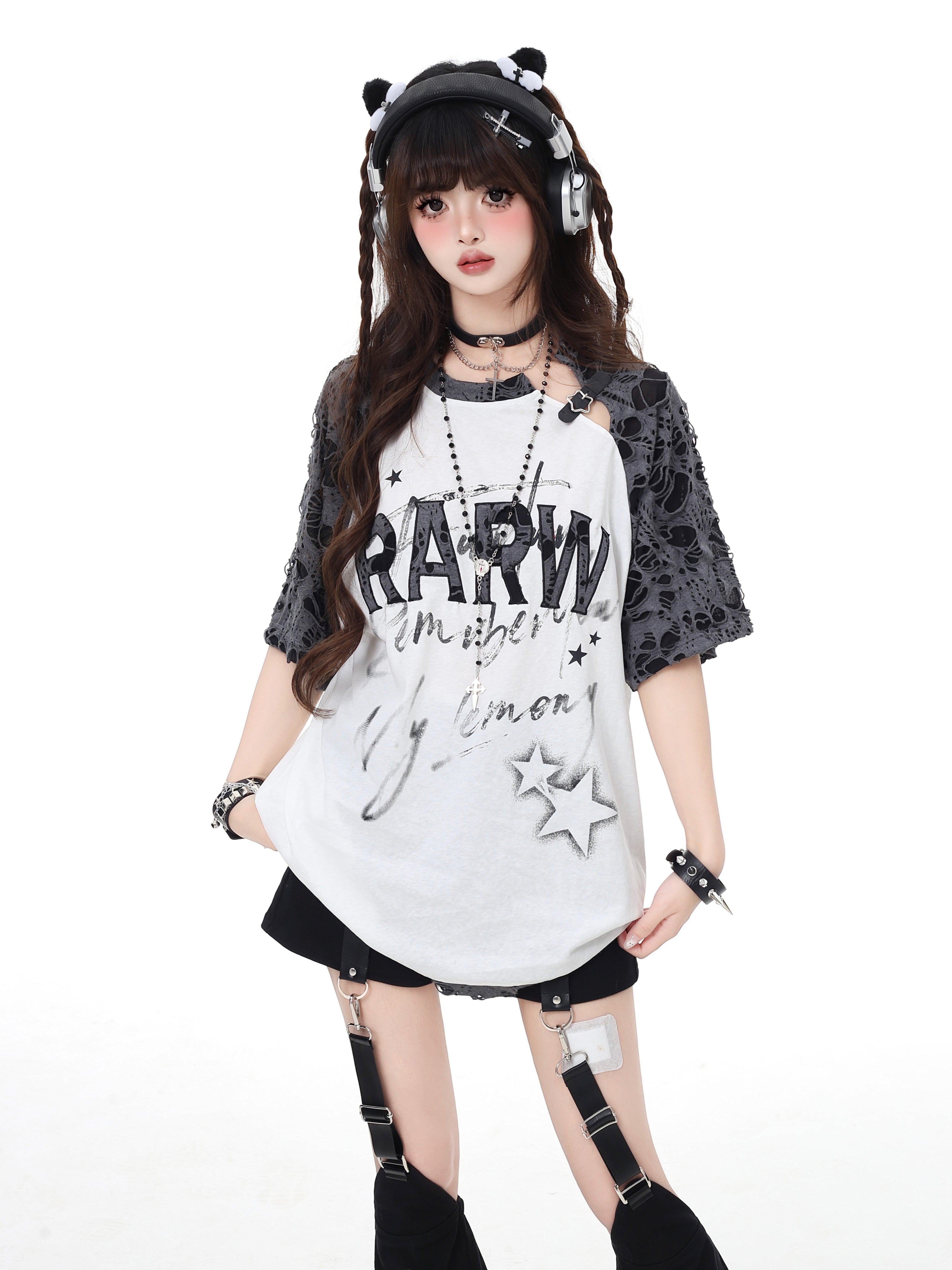 アンダーグラウンド 星柄 ダメージ＆ピースデザイン ゆるシルエットTシャツ