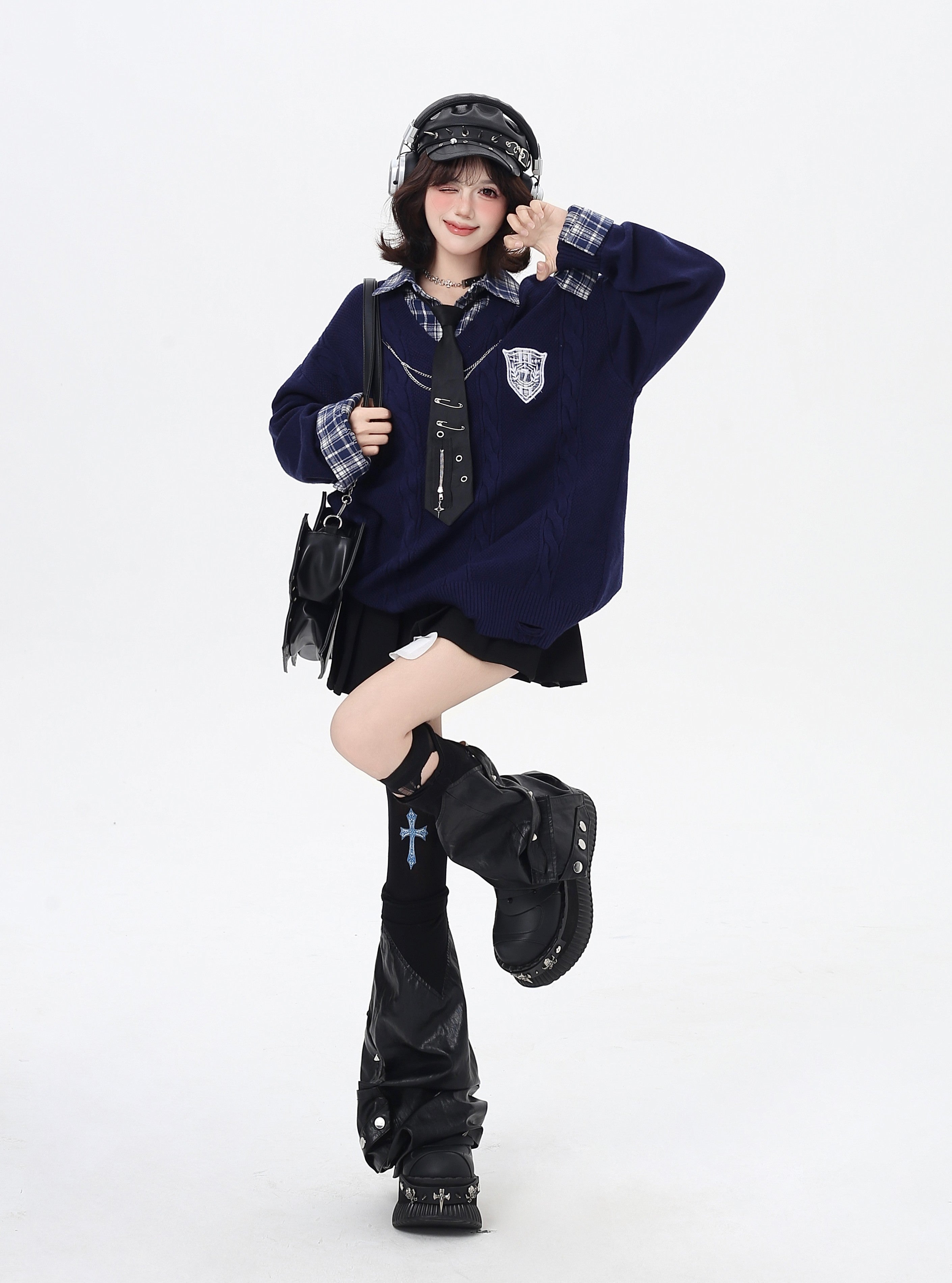 チェックレイヤード風ニット｜レトロガーリーカジュアル