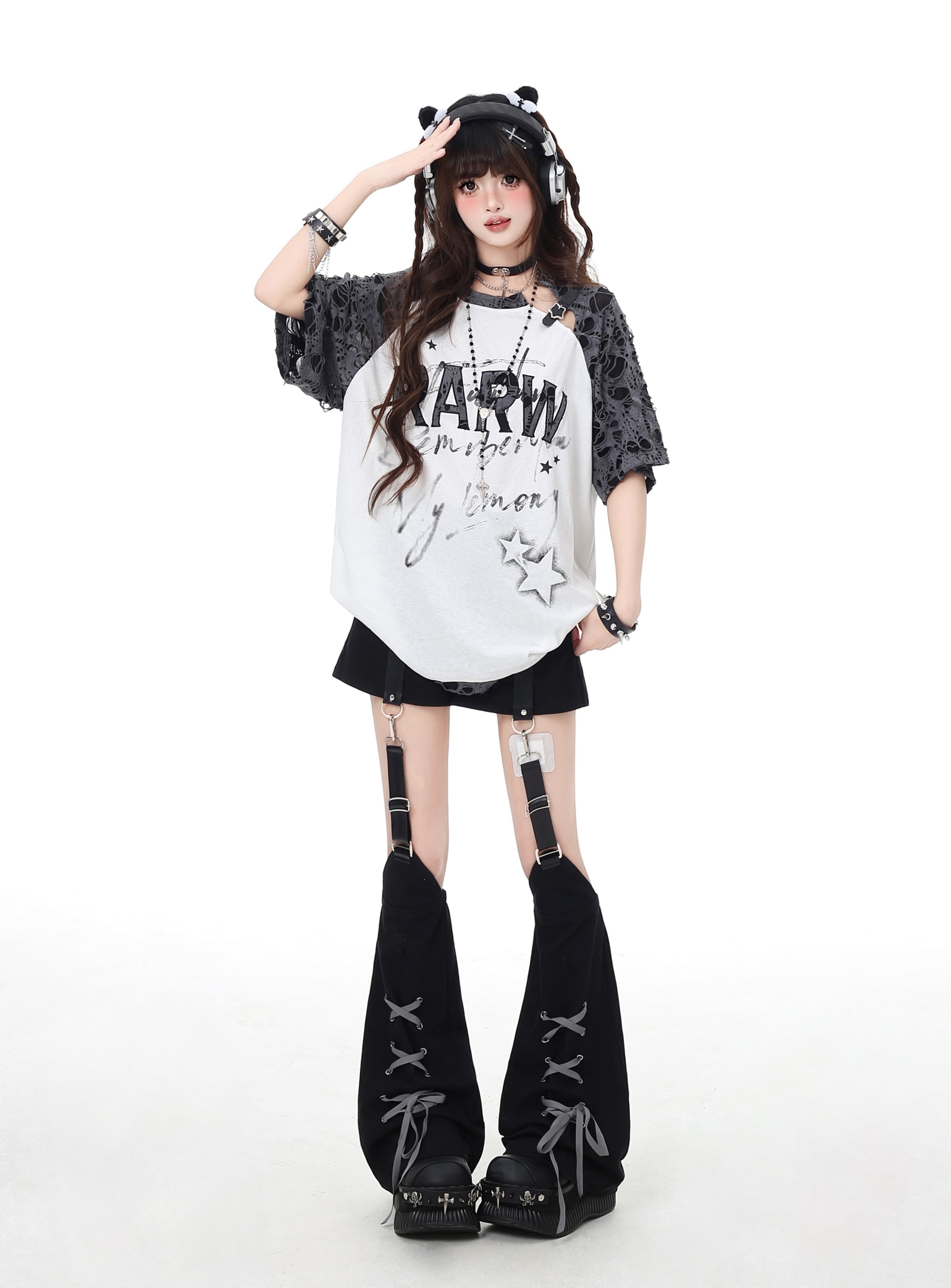 アンダーグラウンド 星柄 ダメージ＆ピースデザイン ゆるシルエットTシャツ