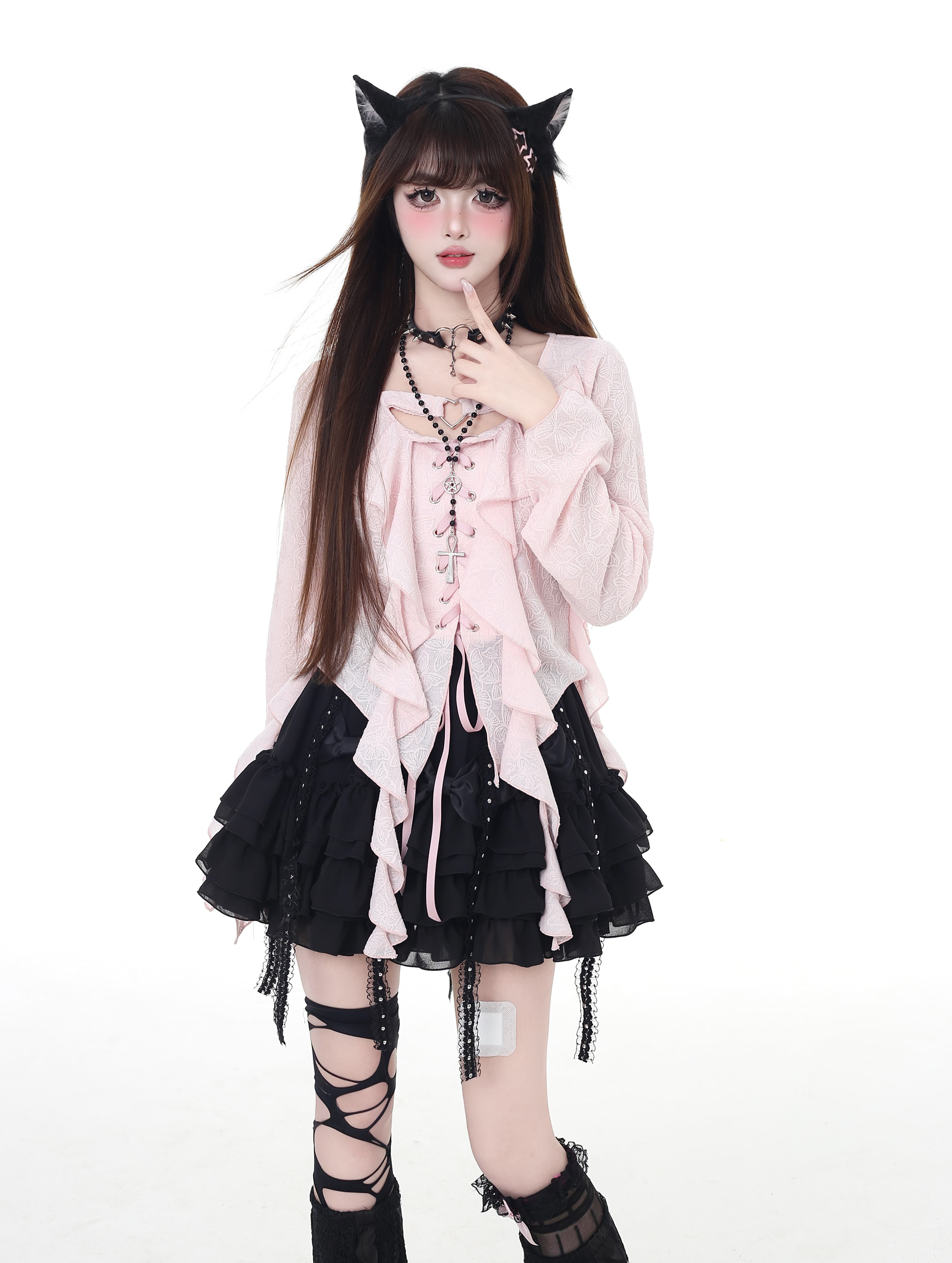 フリルレースアップ長袖トップス