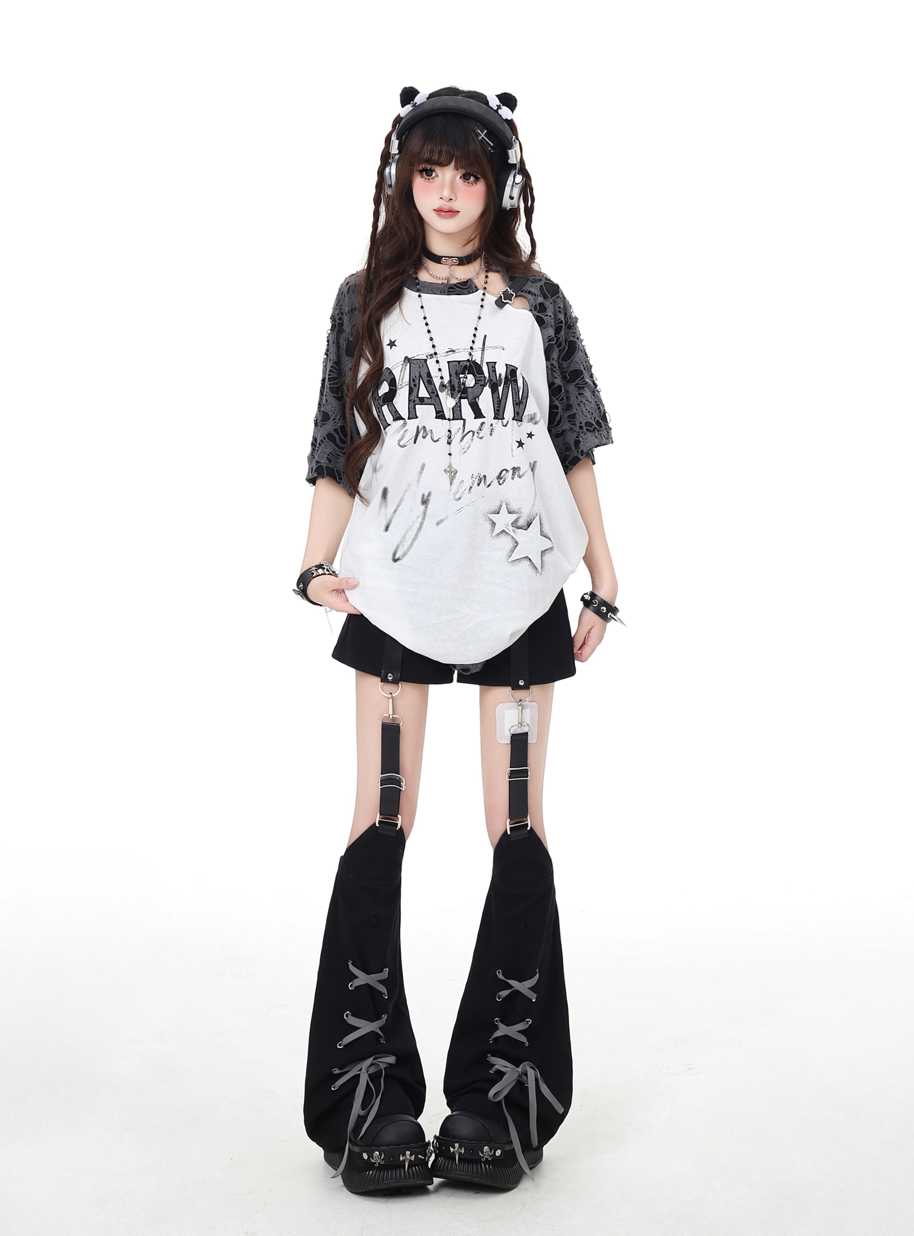 アンダーグラウンド 星柄 ダメージ＆ピースデザイン ゆるシルエットTシャツ