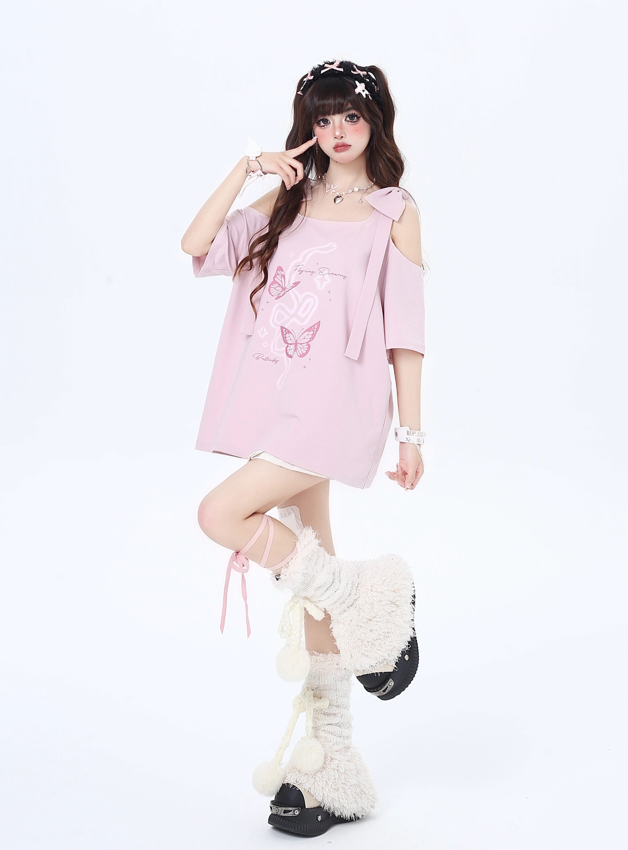 リボン付き両肩カットアウトTシャツ