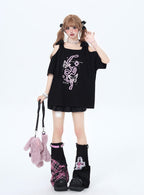 リボン付き両肩カットアウトTシャツ