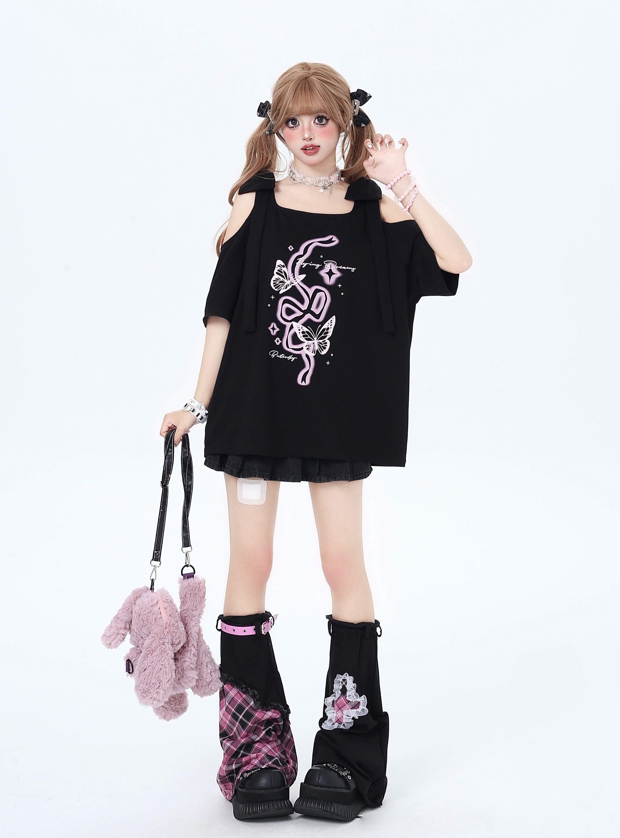 リボン付き両肩カットアウトTシャツ