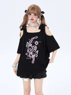 リボン付き両肩カットアウトTシャツ