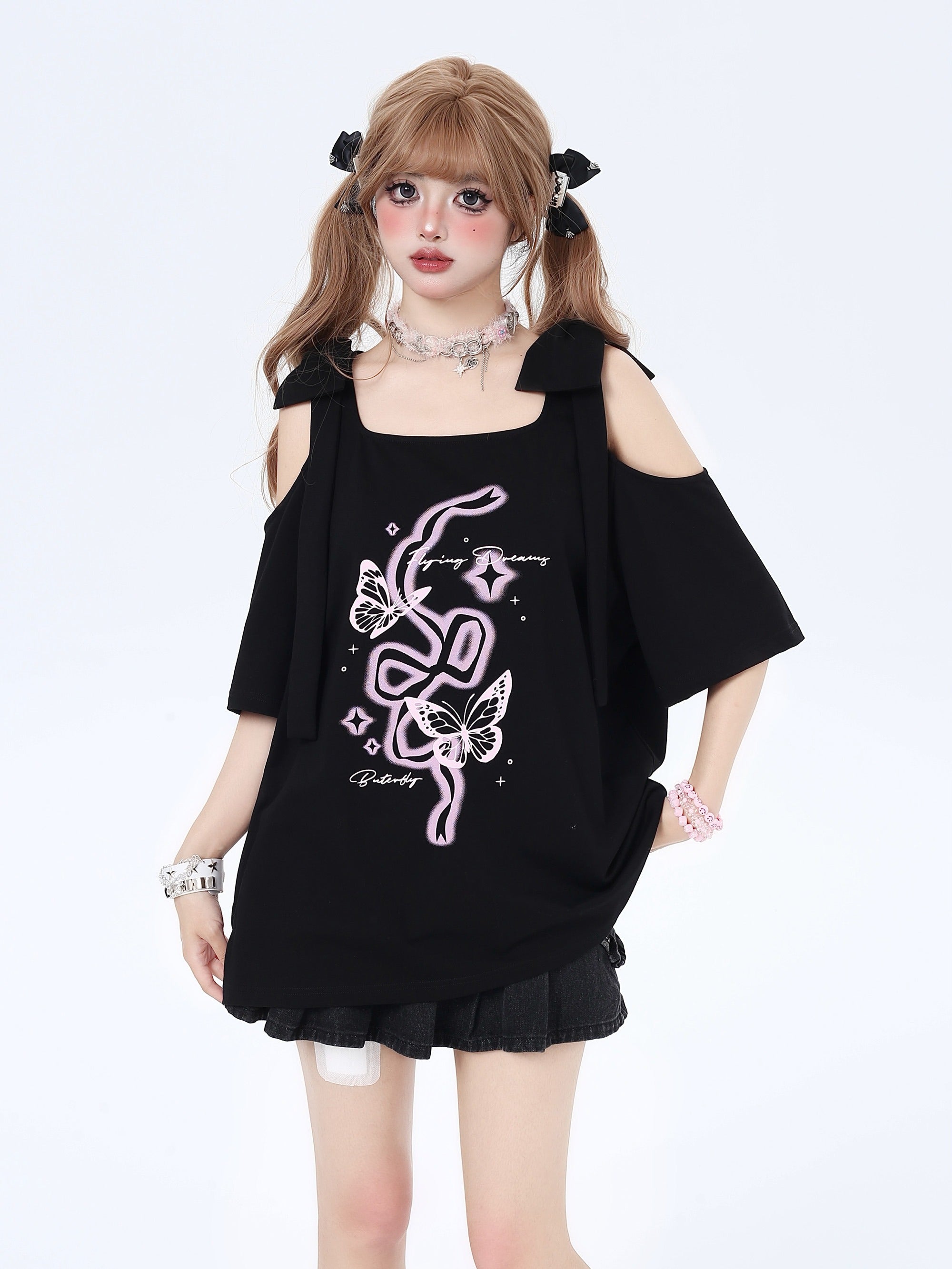 リボン付き両肩カットアウトTシャツ