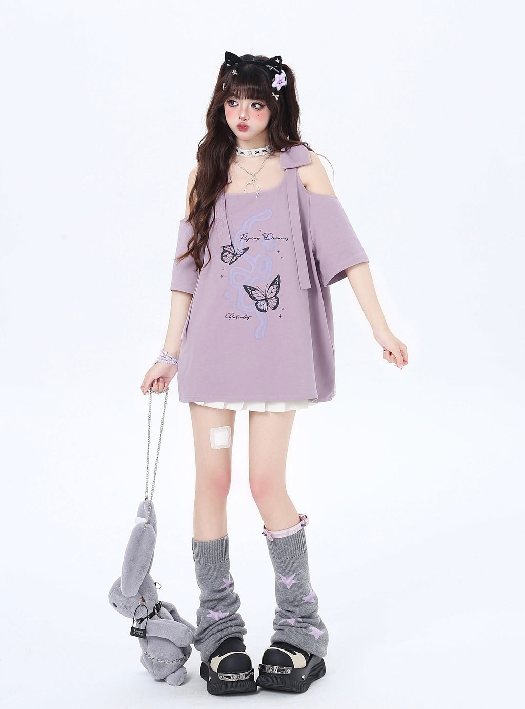 リボン付き両肩カットアウトTシャツ