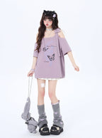 リボン付き両肩カットアウトTシャツ