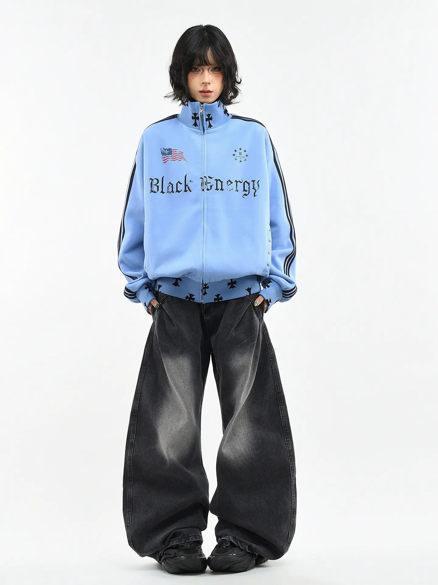 ヴィンテージ風 3ライン スタンドカラー ジップパーカー