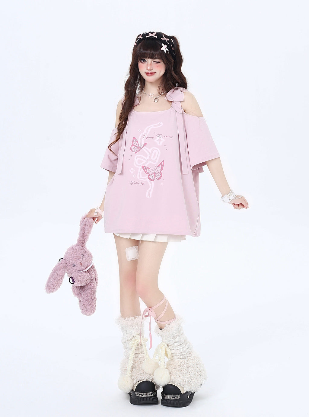 リボン付き両肩カットアウトTシャツ