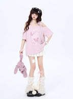 リボン付き両肩カットアウトTシャツ