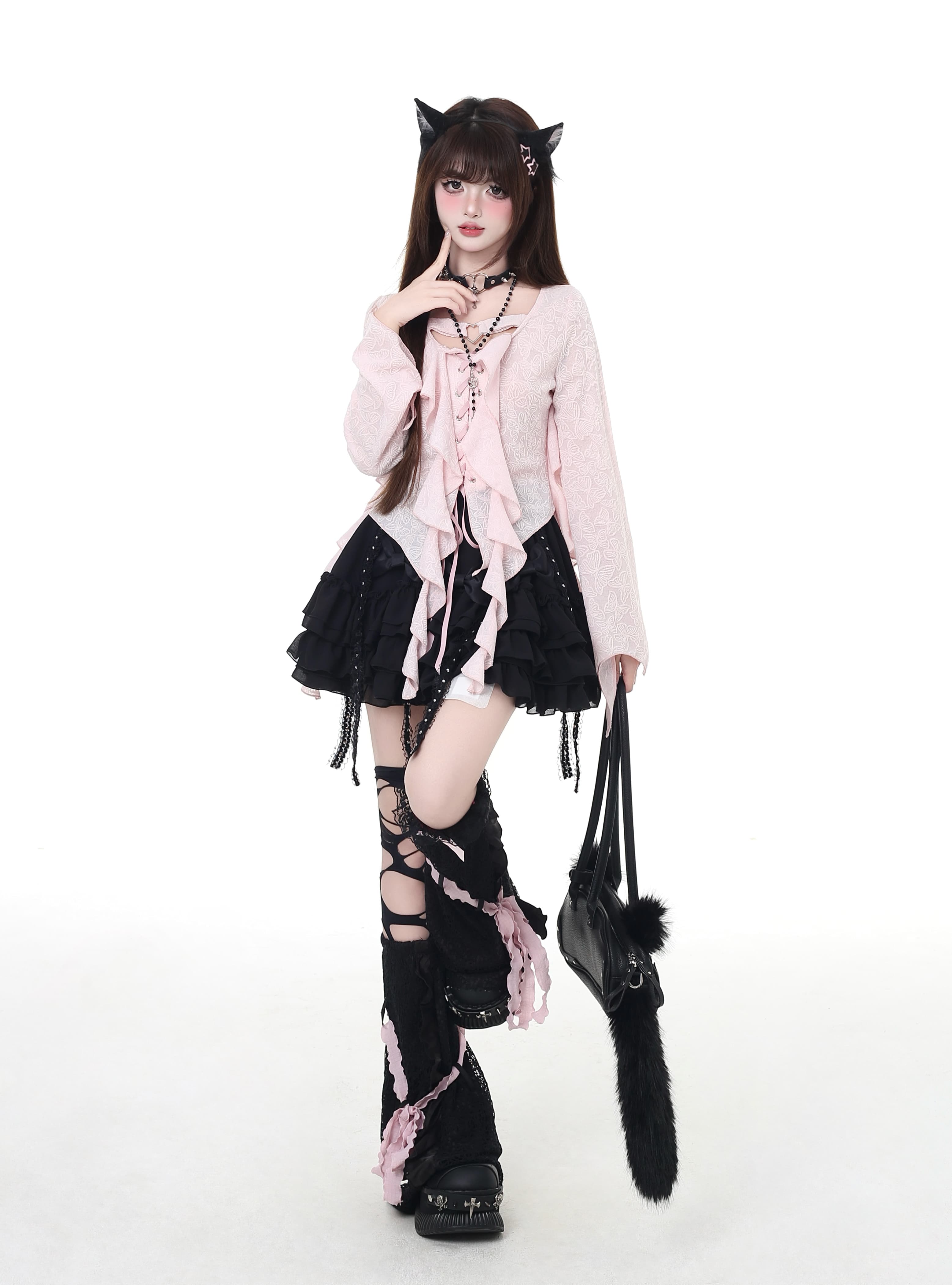 フリルレースアップ長袖トップス