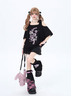 リボン付き両肩カットアウトTシャツ