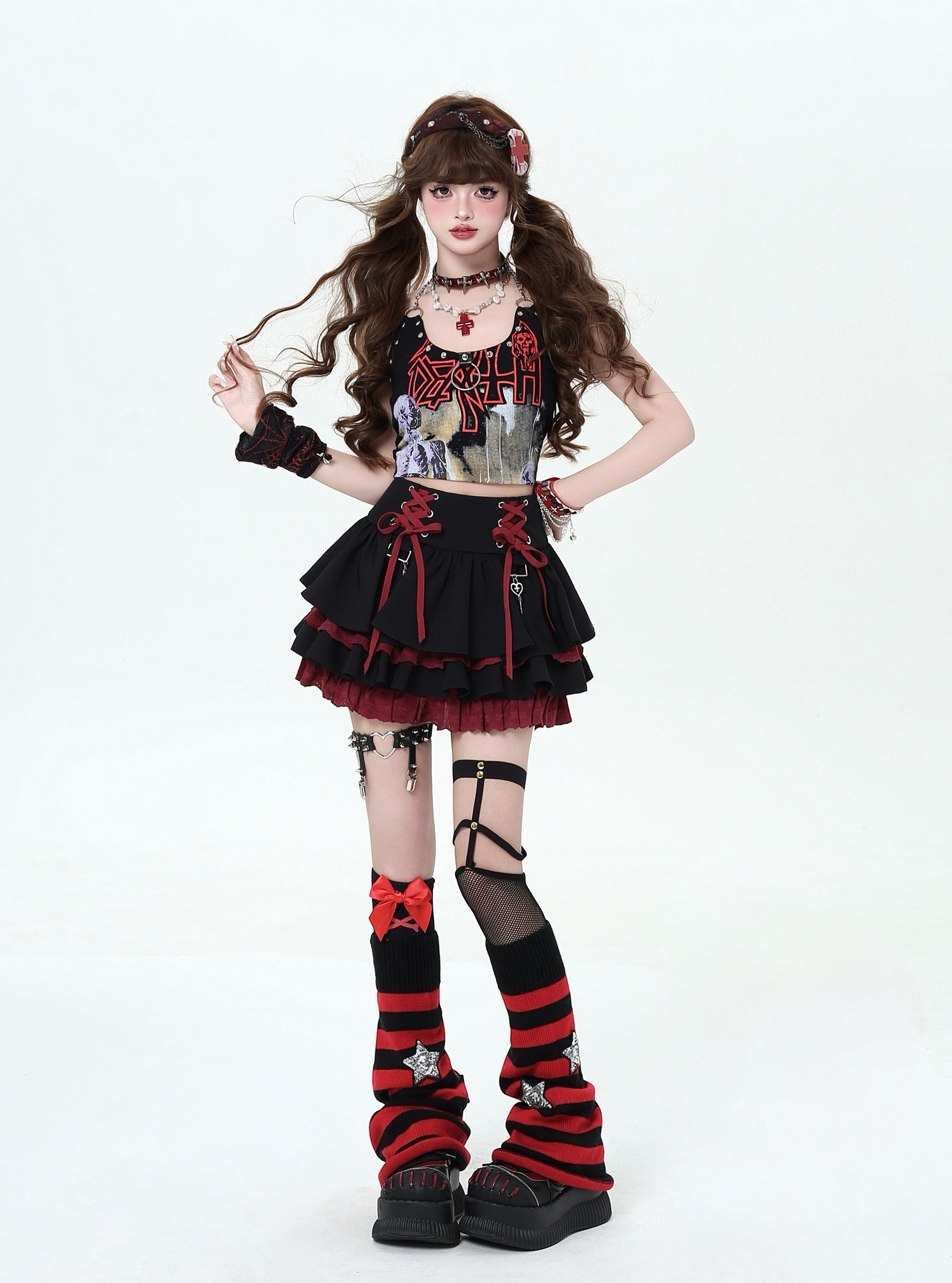 サイドリボン付き3段レースケーキスカート