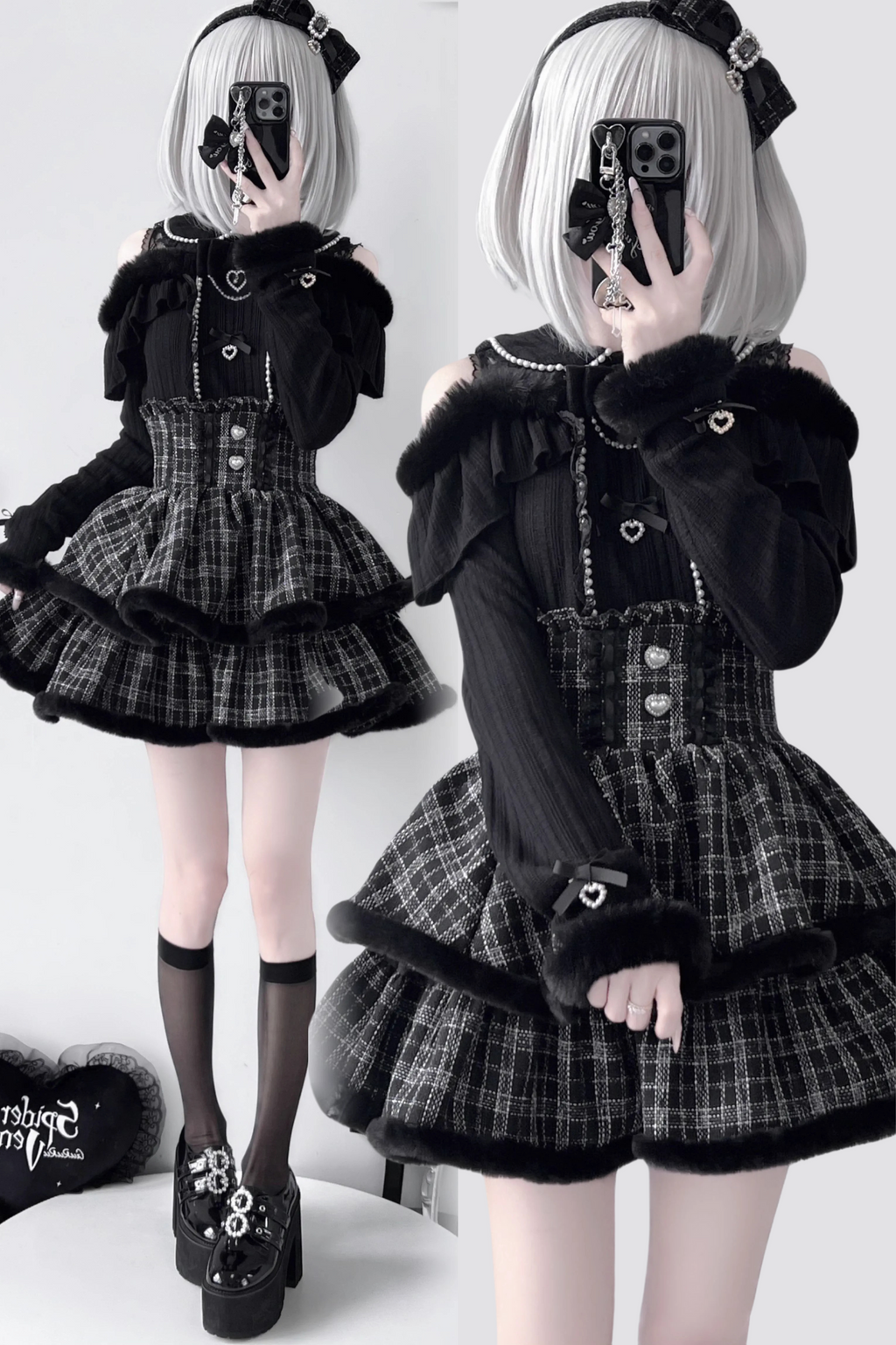 ブラックピンクレースファーティアードスカート