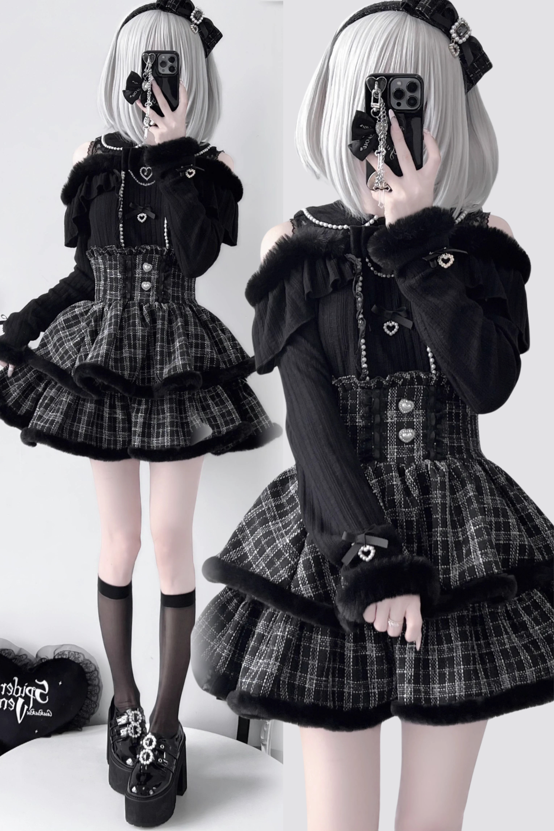 ブラックピンクレースファーティアードスカート