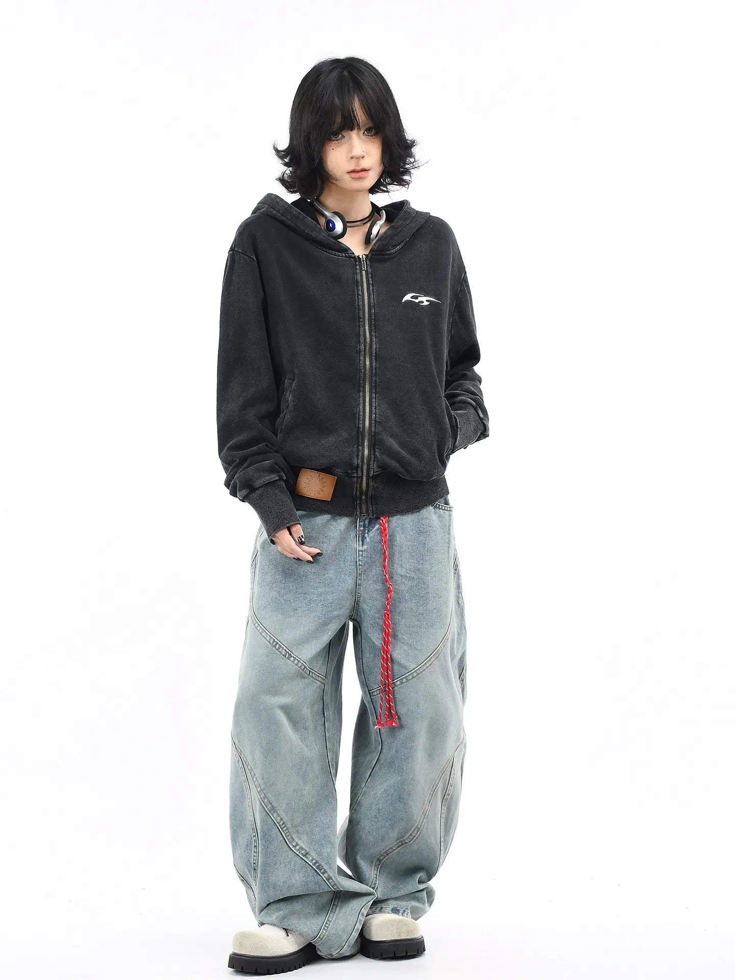 ウォッシュ加工 ショート丈 ジップパーカー