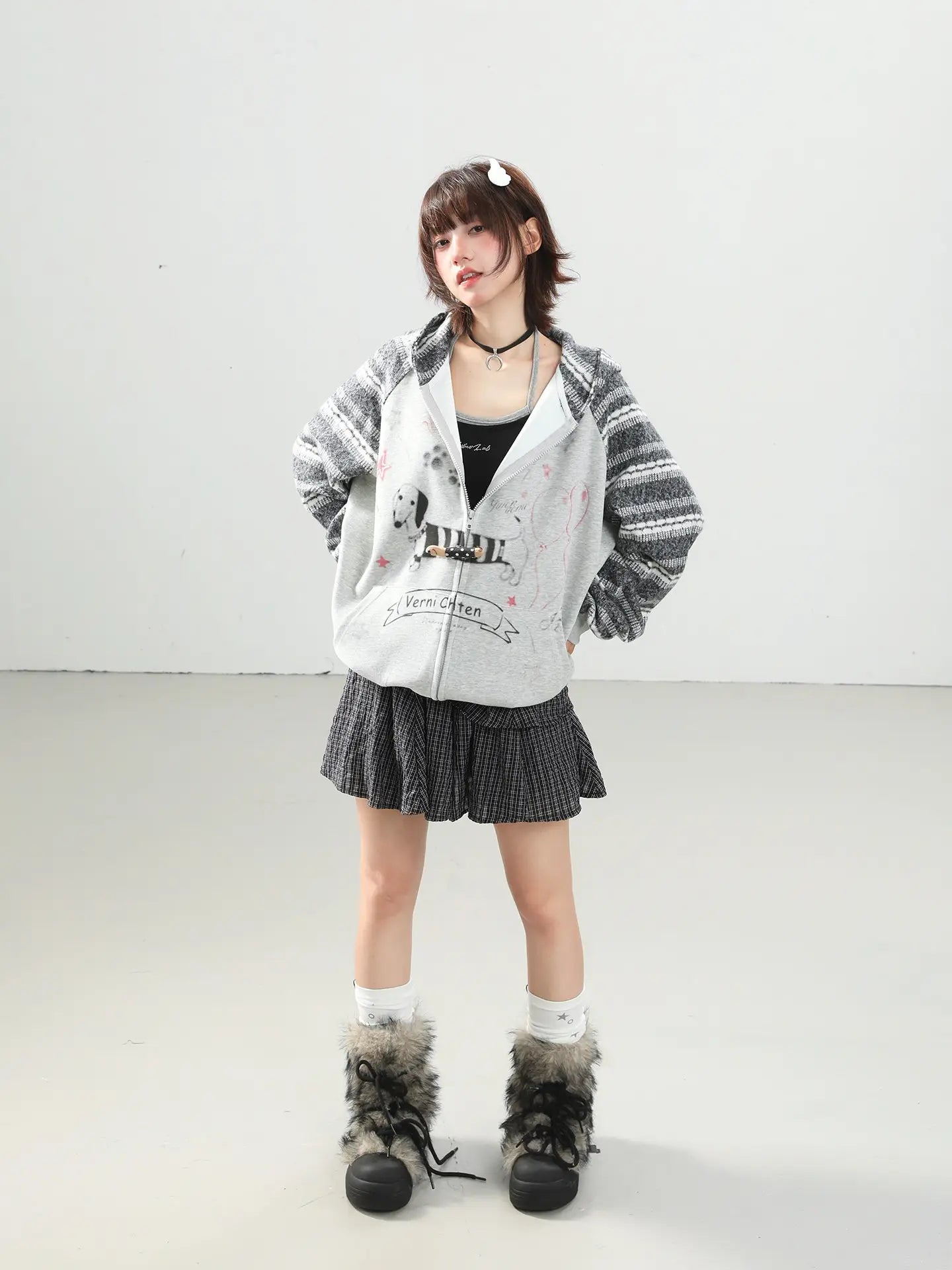 ダックスフンドプリント うさ耳フード カーディガン