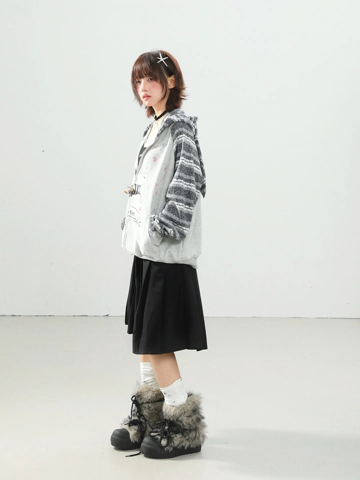 ダックスフンドプリント うさ耳フード カーディガン