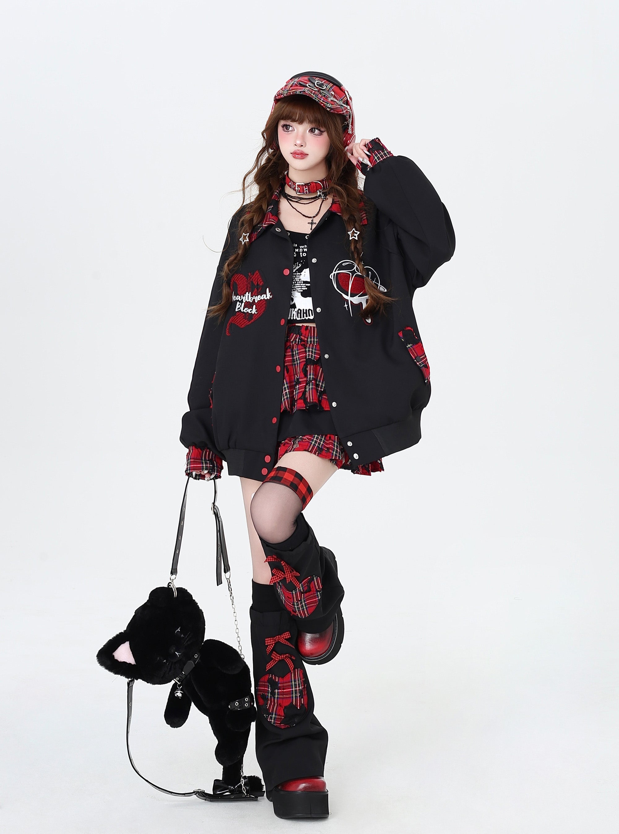 刺繍チェックパッチワークベースボールジャケット