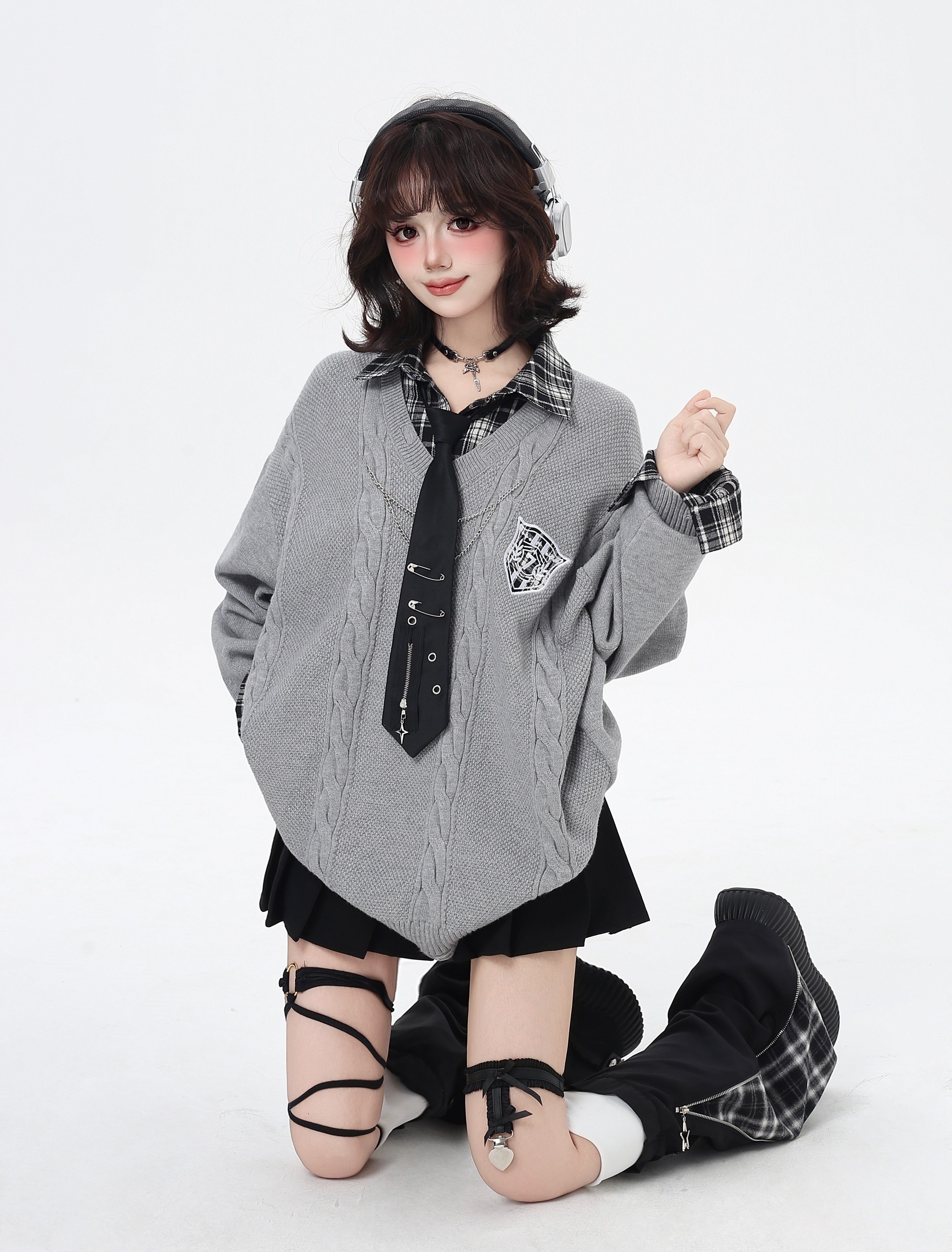 チェックレイヤード風ニット｜レトロガーリーカジュアル