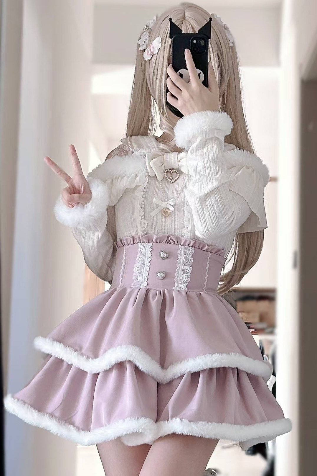 ブラックピンクレースファーティアードスカート