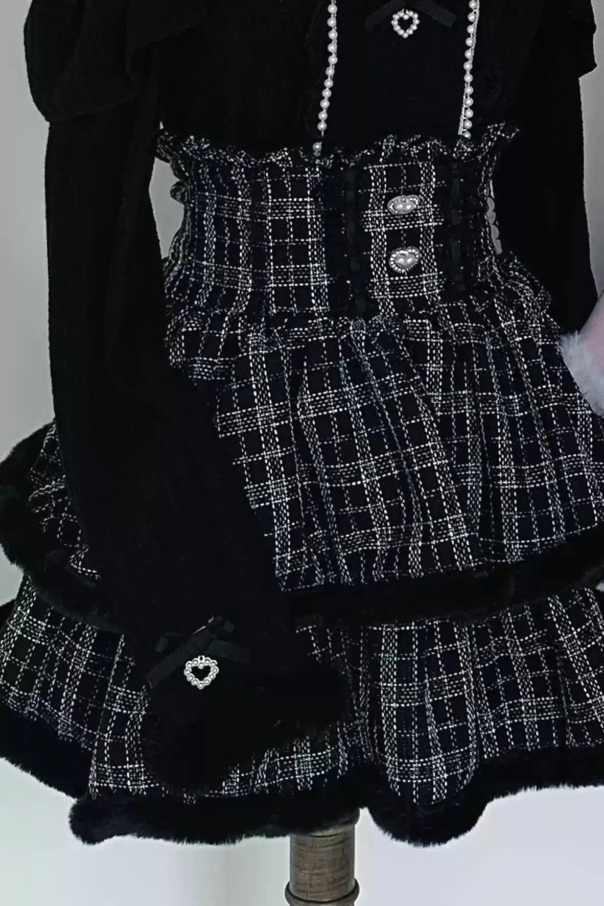 ブラックピンクレースファーティアードスカート