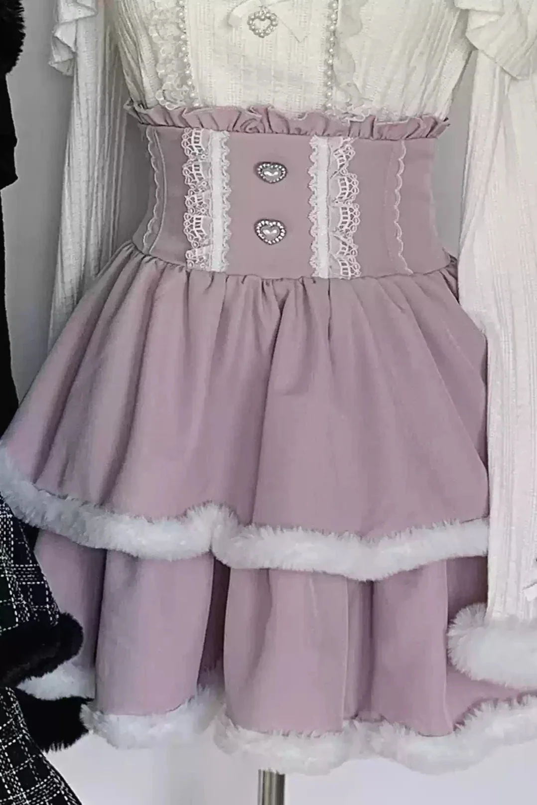 ブラックピンクレースファーティアードスカート