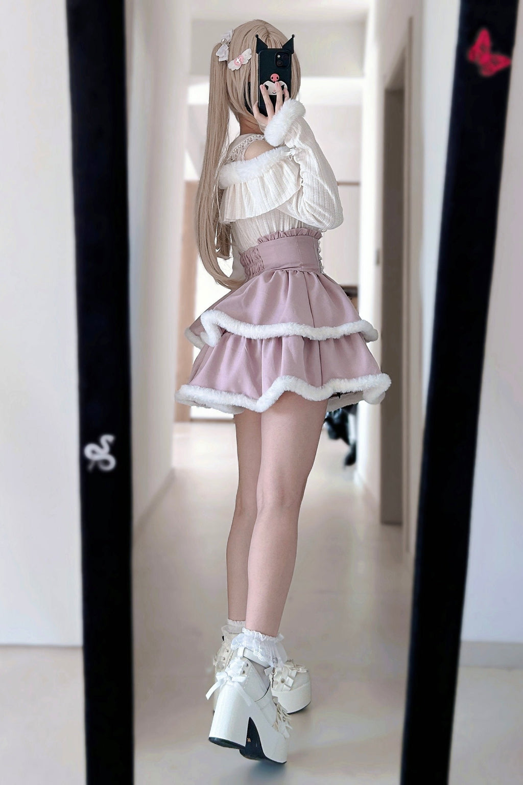 ブラックピンクレースファーティアードスカート