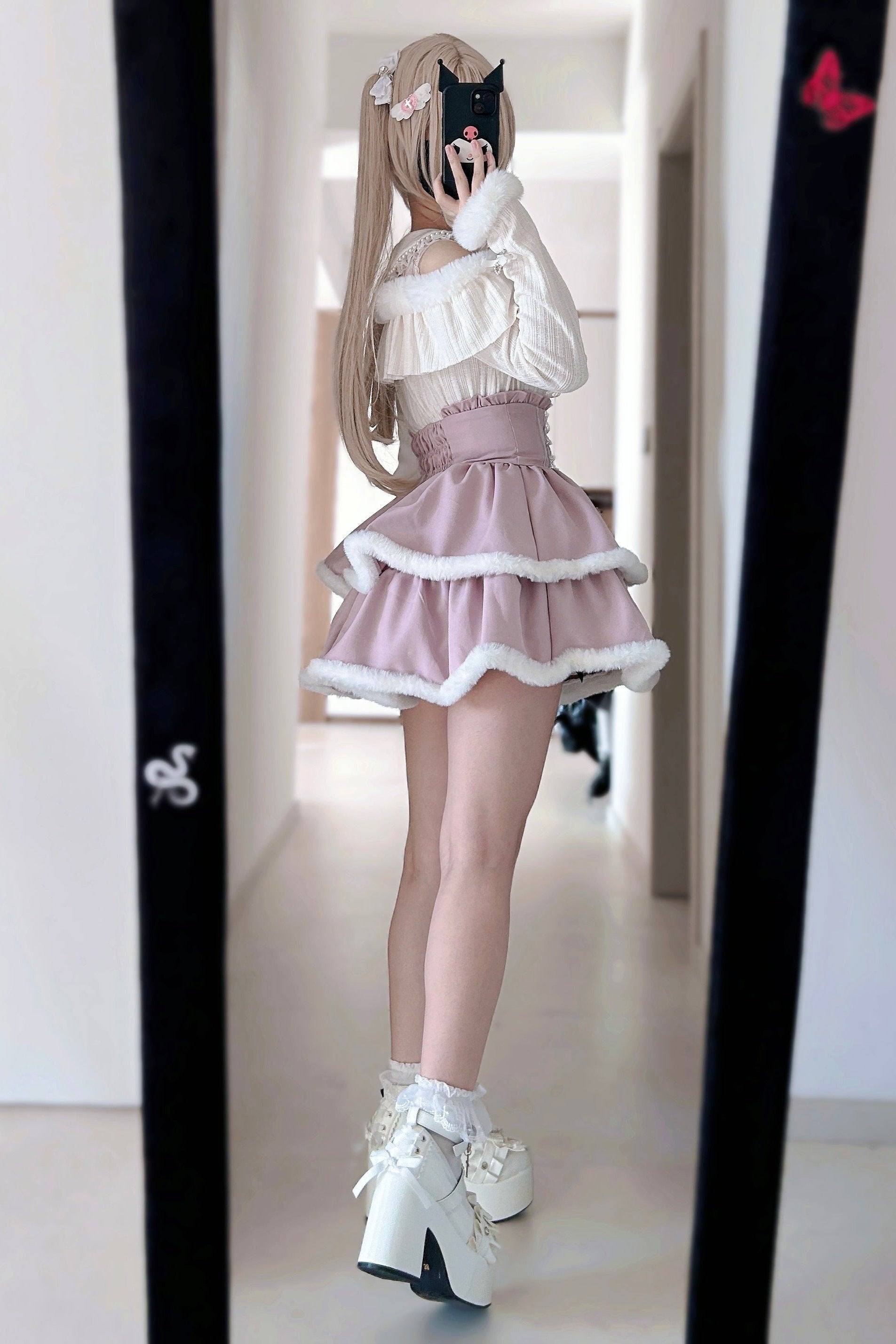 ブラックピンクレースファーティアードスカート